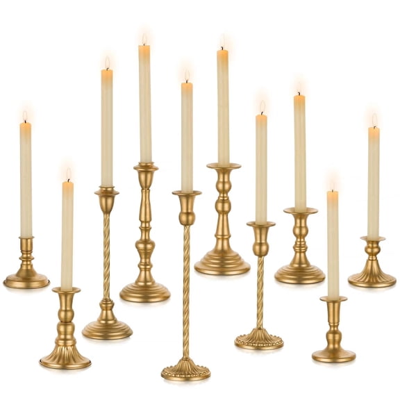 Nuptio Set of 10 Gold Brass Candlestick Holders, Tall Taper Candle Stick Candle Holder for Dinning Table Wedding Centerpiece Mantel Decoration