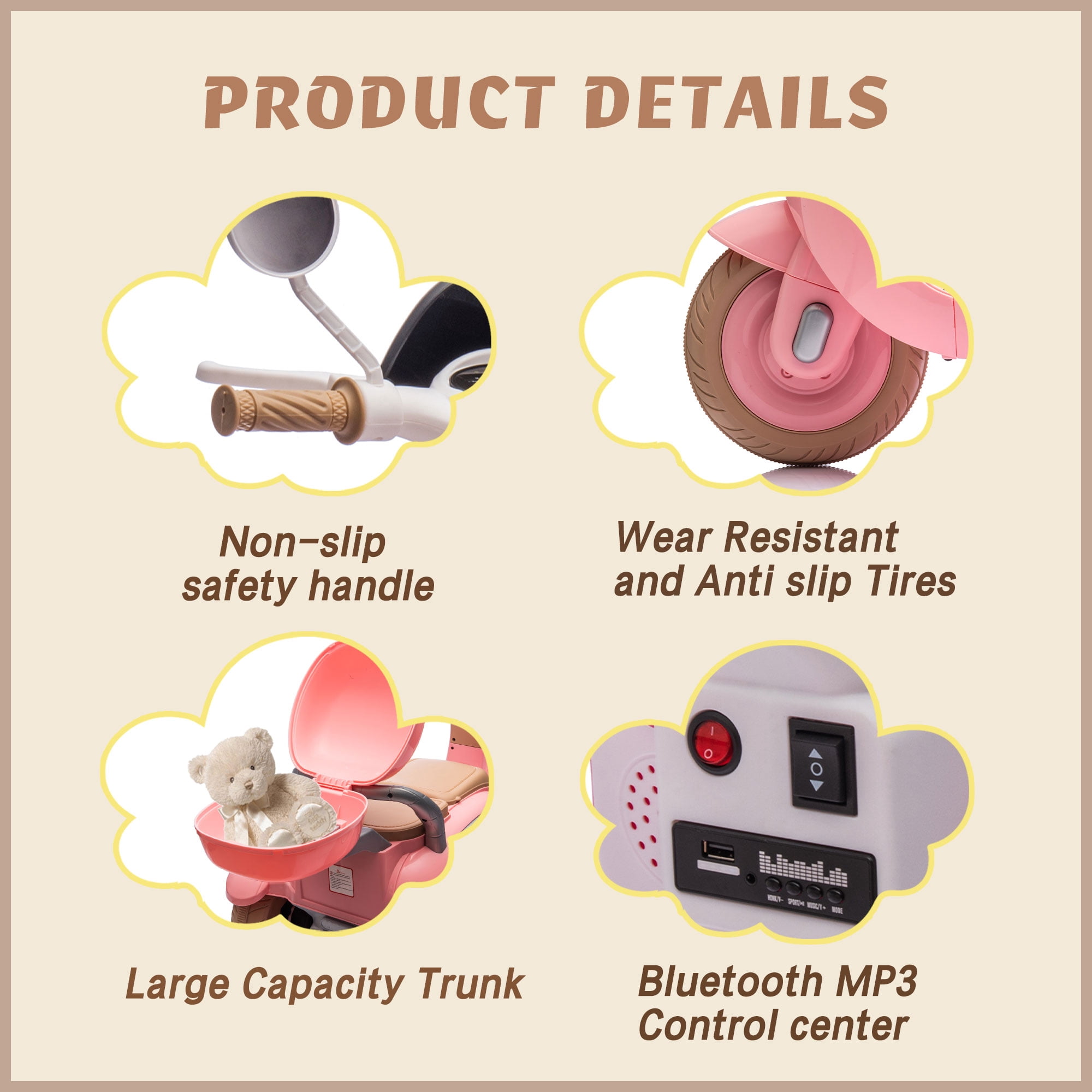 Xuanlur Upgrade 12V 2 Seater Dual Motor Kids Motorcycle, Girls Ride on Toys with Storage Compartments, Slow Start, USB, Bluetooth, Motorcycle for Kids Aged 3+(Pink)