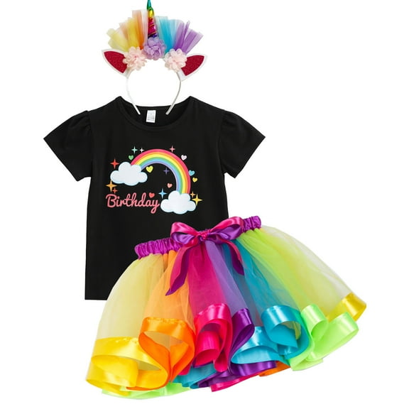 URTERYSER Licorne Girl Birthday Costume Outfits Rainbow Tutus Skirt,Licorne Horn Headband Short Sleeve Shirt Birthday Party Decors Color 2