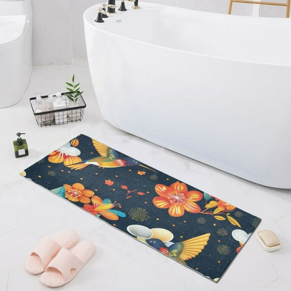 Bath Mat Soft Plush Non-Slip Absorbent Bathroom Rugs 39"x20" Hummingbirds and Flowers