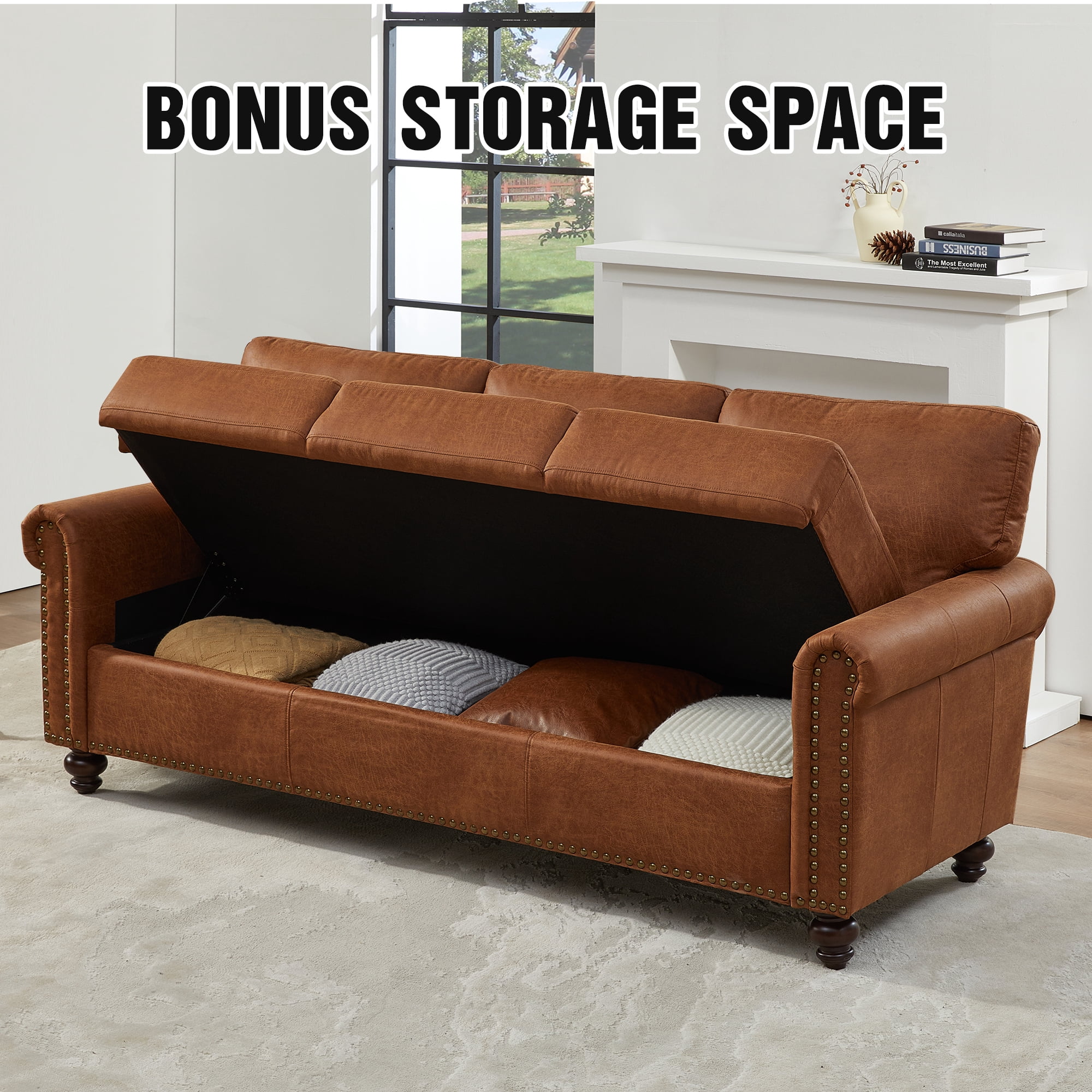LeChapitre Traditional Fabric Hidden Storage Space Standard Sofa with Cushions, Coffee