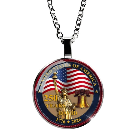 United States 250th Anniversary Pendant Necklace, 1776-2026, Patriotic Commemorative Jewelry, Round Medal with Chain