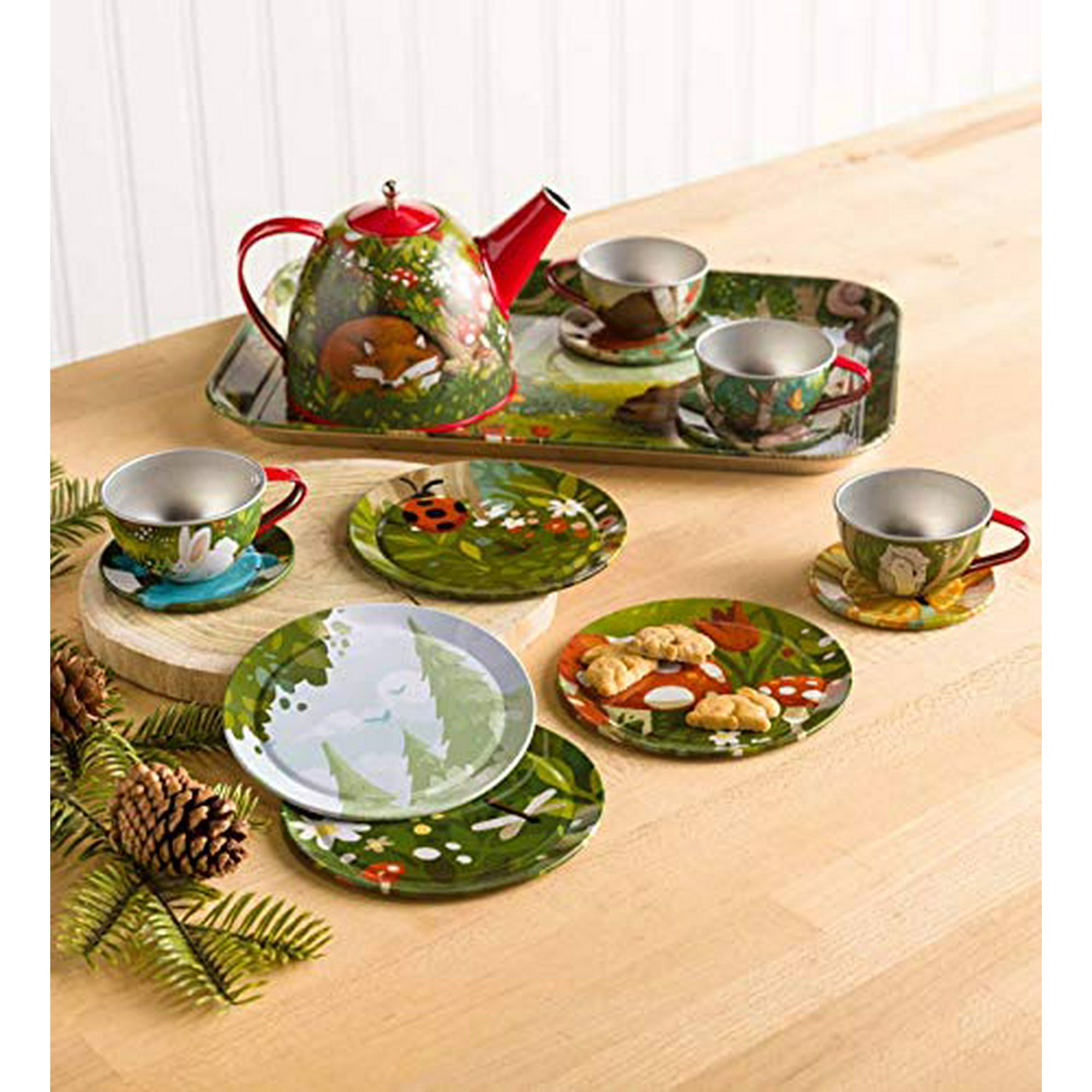 HearthSong 15 Piece Woodland Themed Tin Tea Set Includes Teapot 4 Plates 4 Cups 4 Saucers Serving Tray and Carrying Case Walmart