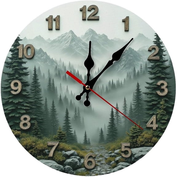 Misty Mountain Forest Wall Clock Home Decor 2D 10 Inch Silent Wall Clock Battery Operated, Frameless Wooden Round Clock with Quartz Movement for Bathroom, Kitchen, Living Room, Bedroom
