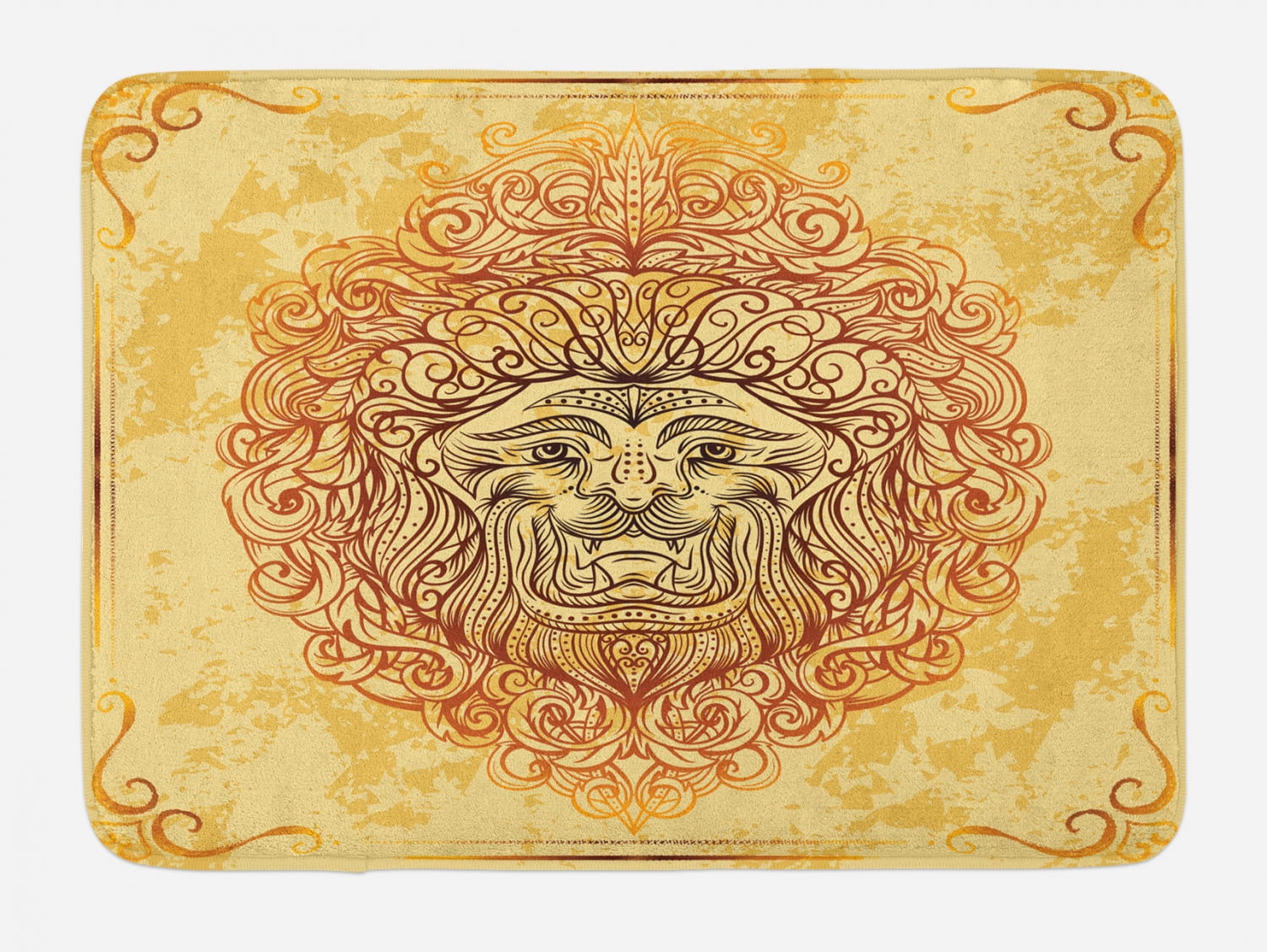 Safari Bath Mat, Zodiac Lion Baroque Motifs on Grunge Aged Background