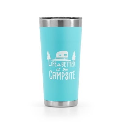 Camco Tasse de Voyage 53057 la Vie Est Meilleure au Camping; 20 Onces; Couvercle Sans BPA avec Fermeture Coulissante; Isolation sous Vide à Double Paroi; Sans Poignée; Bleu Frais; Acier Inoxydable de Qualité Cuisine 18/8