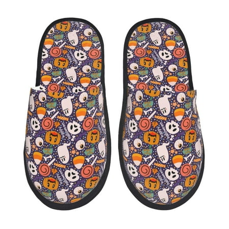 Balery Pumpkin And Flying Bat1 Slient Indoor Furry Fleece Comfort House Shoes Soft Non-Slip Home Shoes Cotton slippers House Slippers-- Large