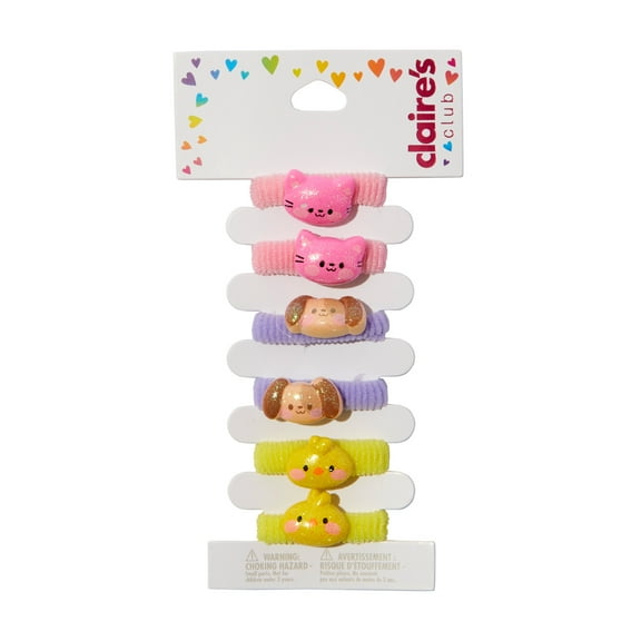 Claire's Club Little Girls Chick, Dog, and Cat Ponytail Holders, 6-Pack