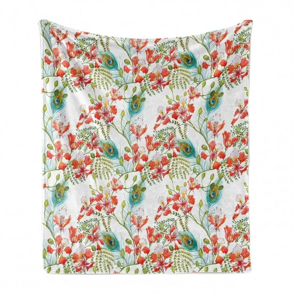 Spring Soft Flannel Fleece Throw Blanket, Peacock Feather Petunia Blossom Field Seasonal Blush Botanical Leaves Watercolor, Cozy Plush for Indoor and Outdoor Use, 50" x 60", Multicolor, by Ambesonne