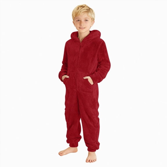 Paguaki Boys Hooded Jumpsuit Winter Warm Soft Plush One-Pieces Long Sleeve Romper Solid Color With Pockets Toddler Kids Playwear Onesie