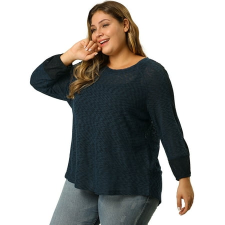 Women's Plus Size V Neck Loose Color Block Knit Top Blouse Navy Blue(Size 4X)