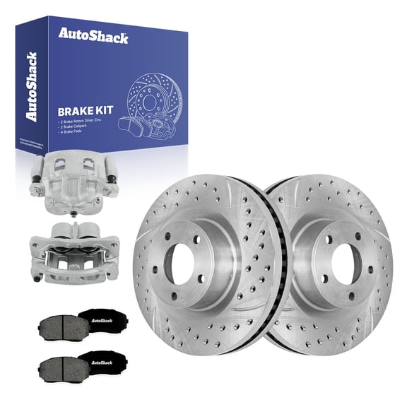 AutoShack Front Vented Drilled & Slotted Silver Zinc Coated Brake Rotors   Premium Ceramic Pads   Calipers 8-PC Brake Kit Replacement for 2007-2010 Ford Edge SilverShield Pro 12.6" (320 mm)