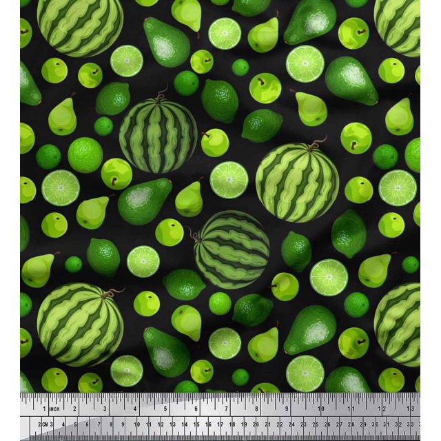 Soimoi Polyester Crepe Fabric Pear,Lemon & Watermelon Fruits Print Fabric by The Yard 52 Inch Wide