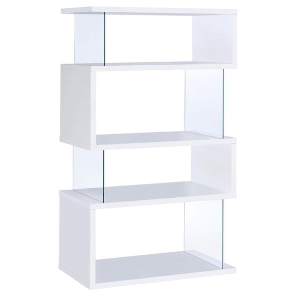 FurniFact 4-Tier White and Clear Modern Bookshelf with Glass Shelves and Storage