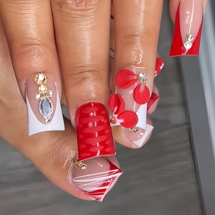 Cross-border hot sale, hand and foot set, duck bill model, pure desire flower stripe flash diamond design, wearing nail piece, finished product wholesale