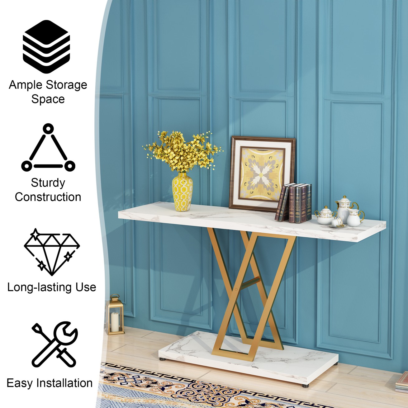 IVV Modern Console Table, 42.1 Inch Sofa Table with Gold Metal Base, 2-Tier Long Skinny Table for Hallway, Entryway, Living Room, Foyer