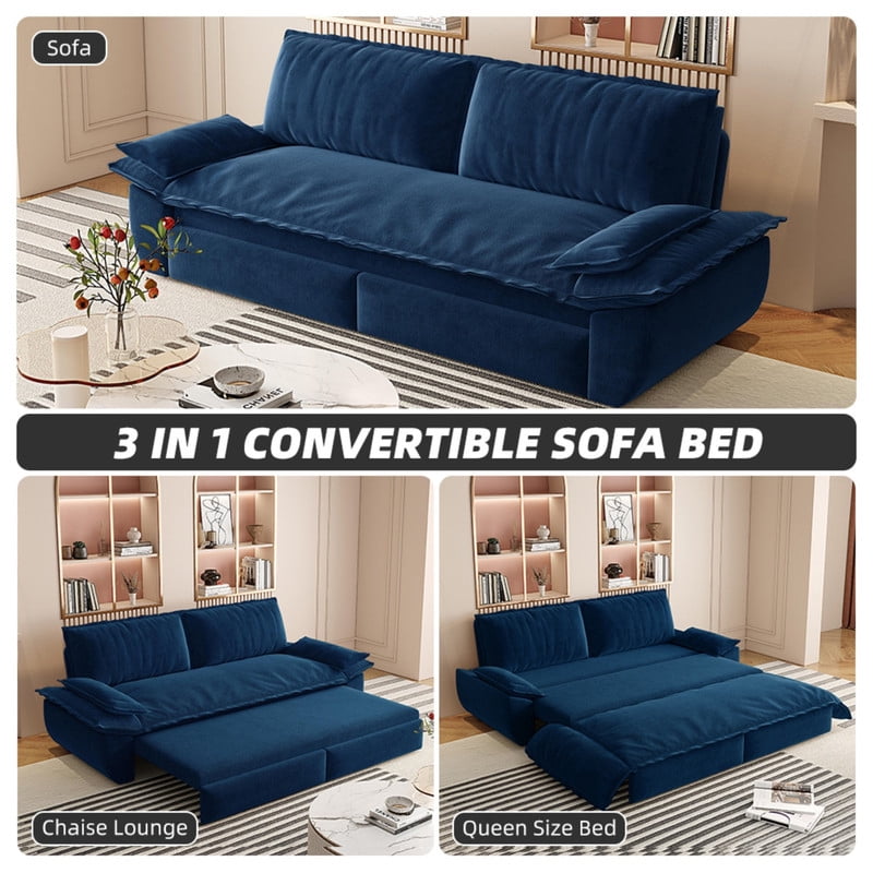 3-in-1 Velvet Convertible Sleeper Sofa, Queen Size Pull Out Chaise Sofa Bed, 73.2''W Deep Seat Loveseat Couch