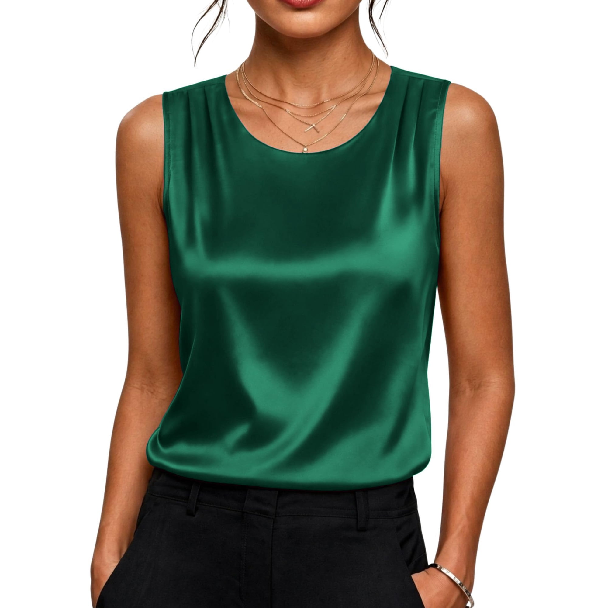 Zeagoo Womens Satin Tank Top Pleated Sleeveless Blouse Dressy Casual Tops Crewneck Silk Shirts Business Summer Clothes