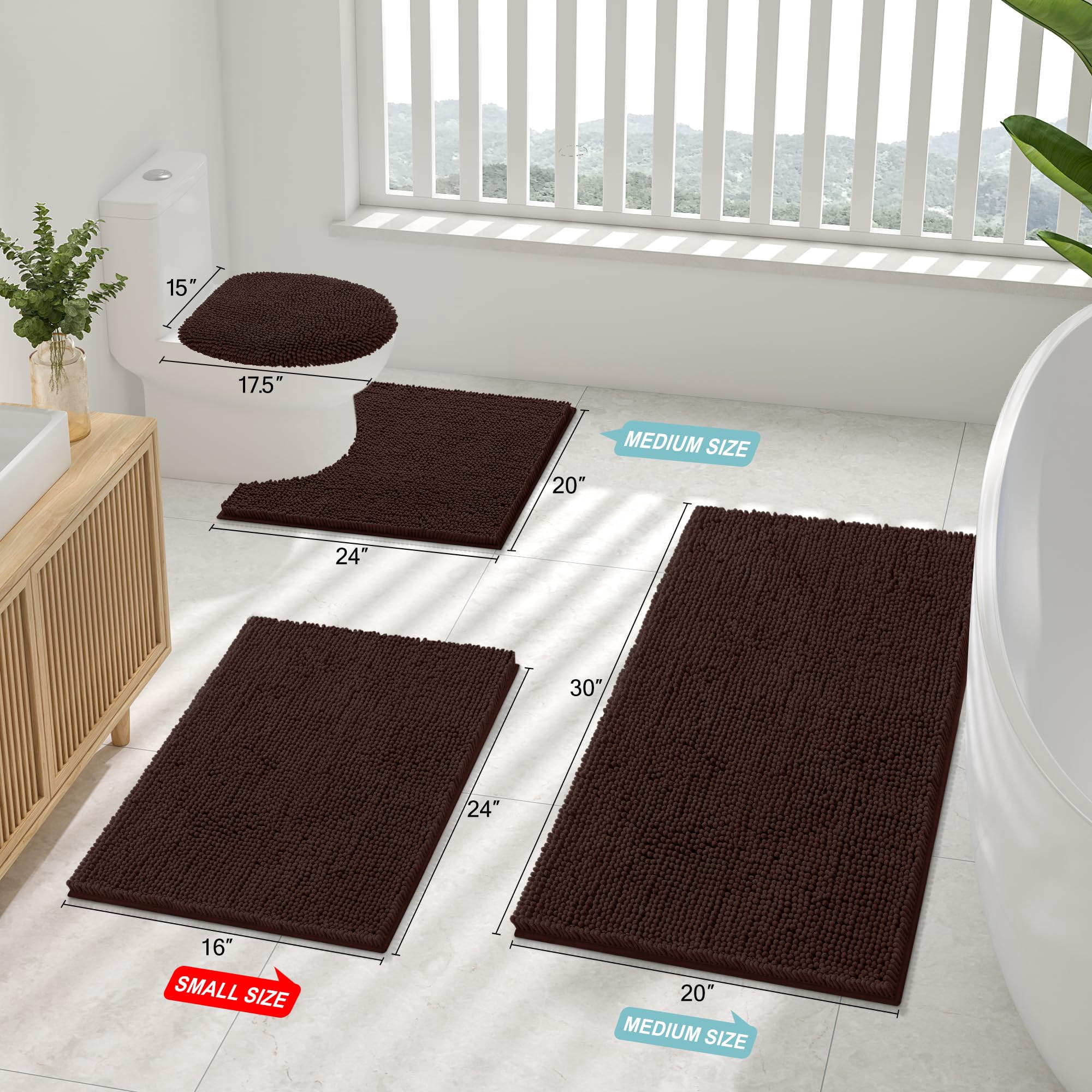 Smiry Bathroom Rugs Sets 2 Piece, Soft Absorbent Chenille Bath Rug Set, Non Slip Machine Washable Shaggy Bath Mats for Tub, Shower, and Floor (30x20+24x16, Brown)