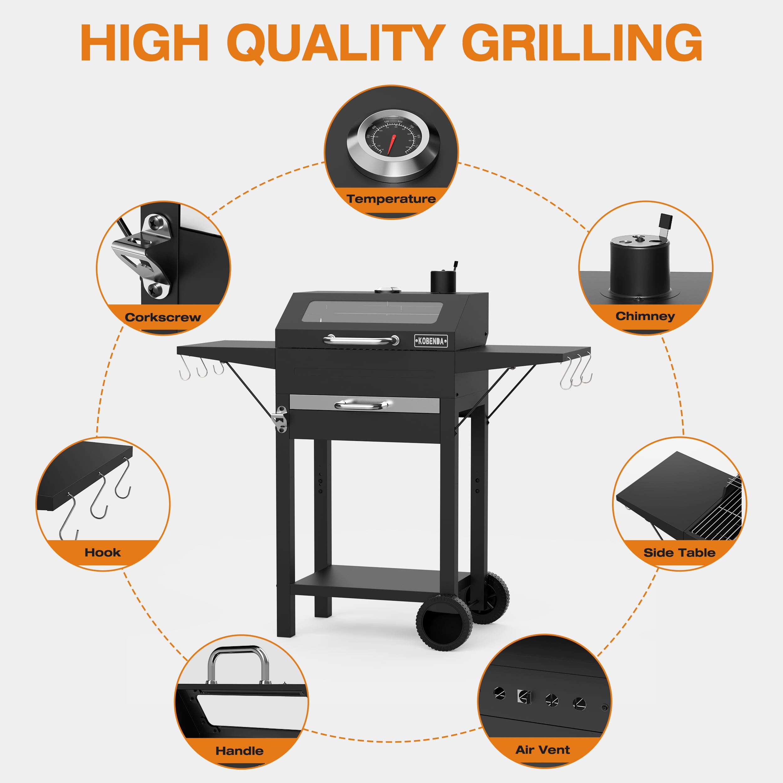 KOBENDA 20 inch Charcoal Grill with Side Tables & Glass Viewing Window, Outdoor BBQ Grill for Backyard , Black