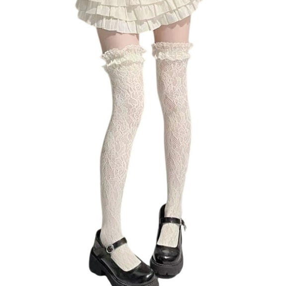 Yokua Women JK Flower Lace Fishnet Thigh Highs Stockings Ruffle Over Knee Long Socks