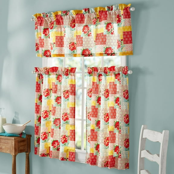 VINTAGE PATCHWORK CAFFE CURTAIN SET - 1 VALANCE 2 TIERS