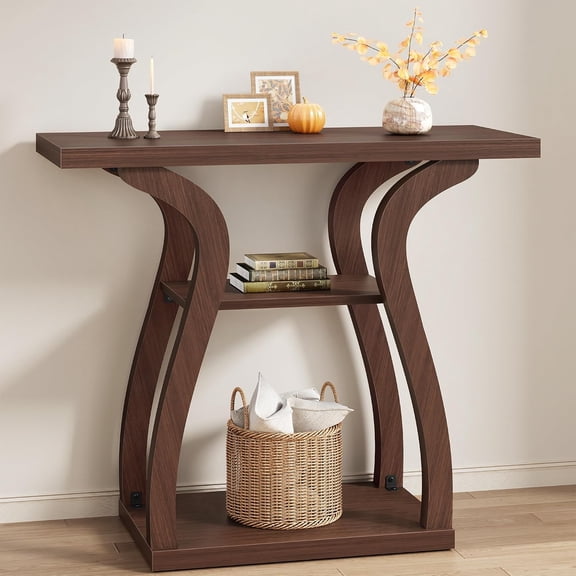3-Tier Farmhouse Console Table for Entryway 31.5", Walnut | Narrow Entryway Table with Storage, Rusitc Sofa Table behind Couch, Wooden Console Table for Living Room, Hallway, Foyer