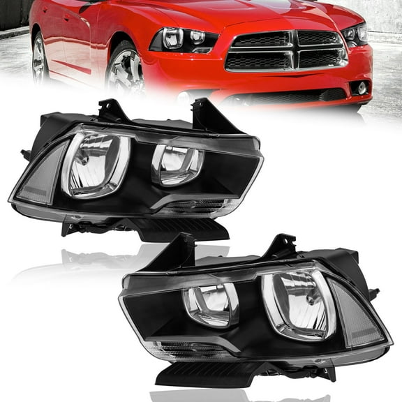 MOSTPLUS Black Housing Clear Corner Headlights Assembly for 2011-14 Dodge Charger Halogen