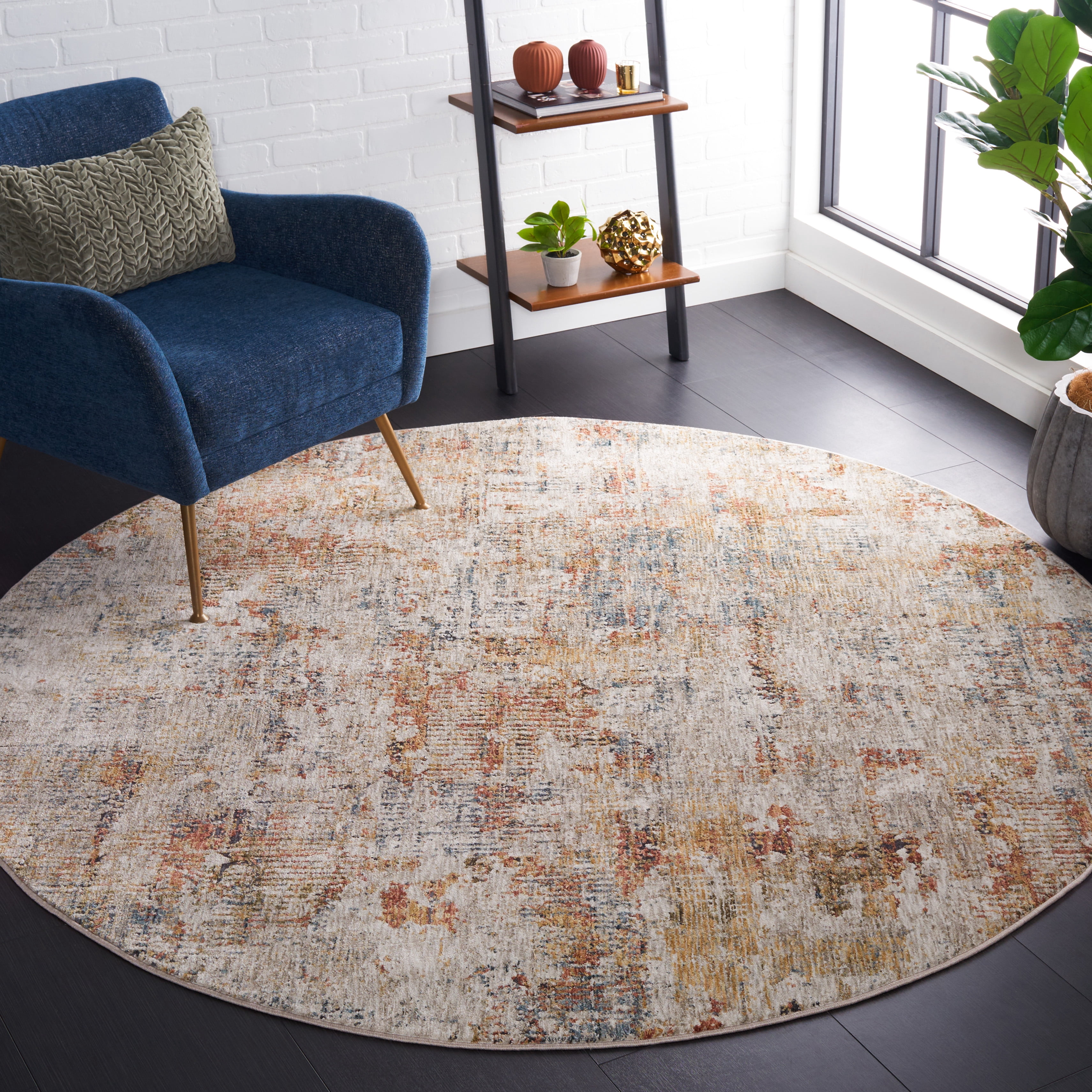 SAFAVIEH Silverado Mihail Abstract Polyester Area Rug, Rust/Blue, 6'4" x 6'4" Round