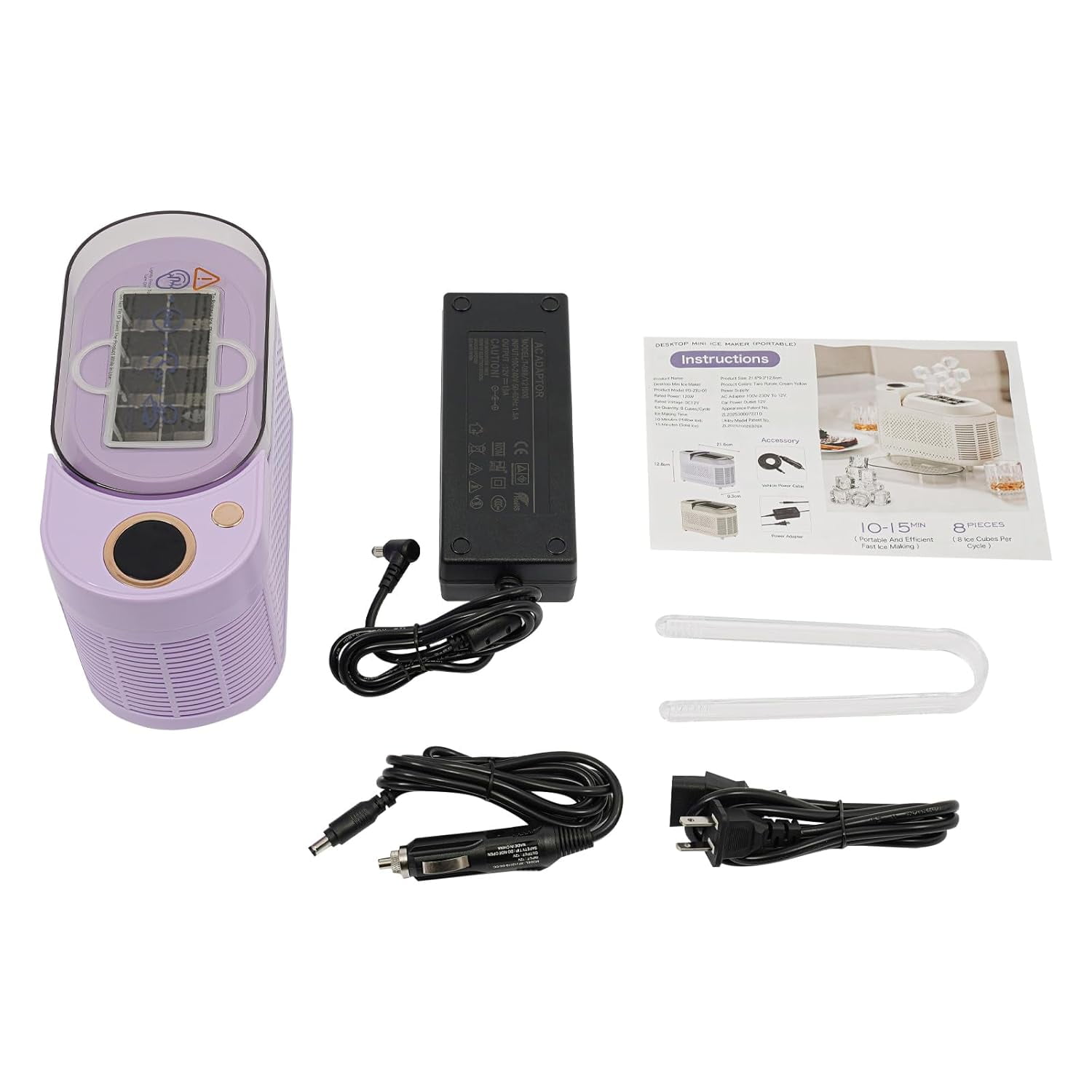 12V/AC Dual Power Quiet Compact Ice Machine with Clear Cover and Clip, Portable Small Ice Maker, Mini Ice Cube Maker Countertop, for Home Kitchen, Camping RV, Dormitory, Office (Purple)Q