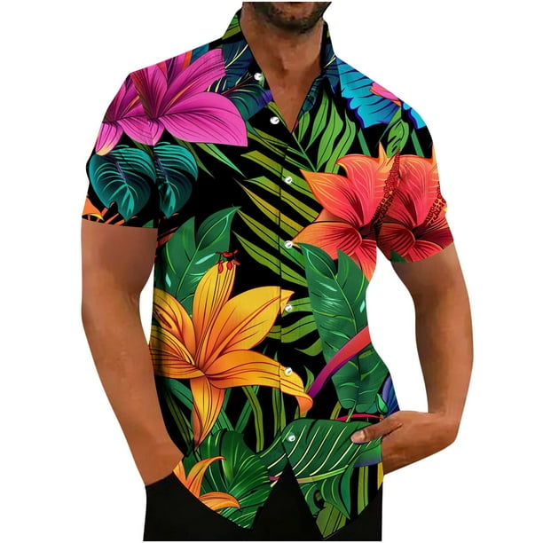 Camisas de Manga Larga para Hombres Impresión Botón Cuello de Vuelta Blusa Casual, Hombre de Manga Corta Botón Abajo Camisas