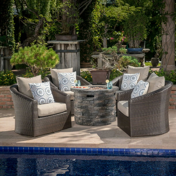 5 Piece Wicker Swivel Club Chair Set, Fire Pit And Chairs Set