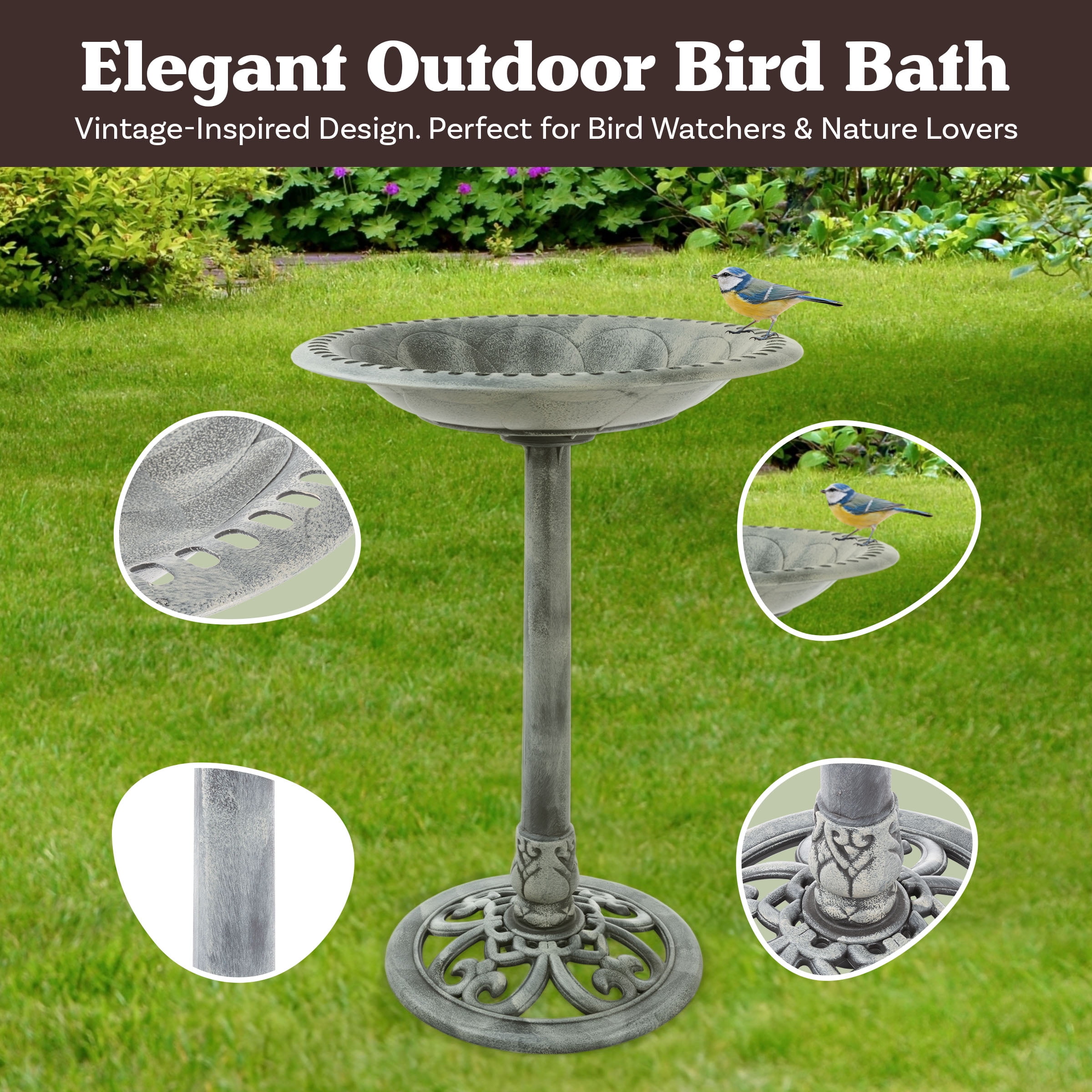 Pure Garden Antique Bird Bath – 28.75” Weather-Resistant Pedestal Bowl with Stakes, Antique Gray