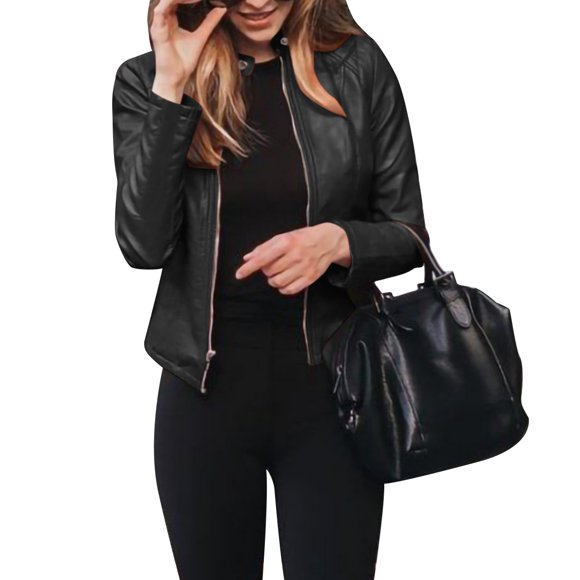 Gupgi Women PU Leather Jacket Zip Up Biker Motorcycle Coat Autumn Clothes