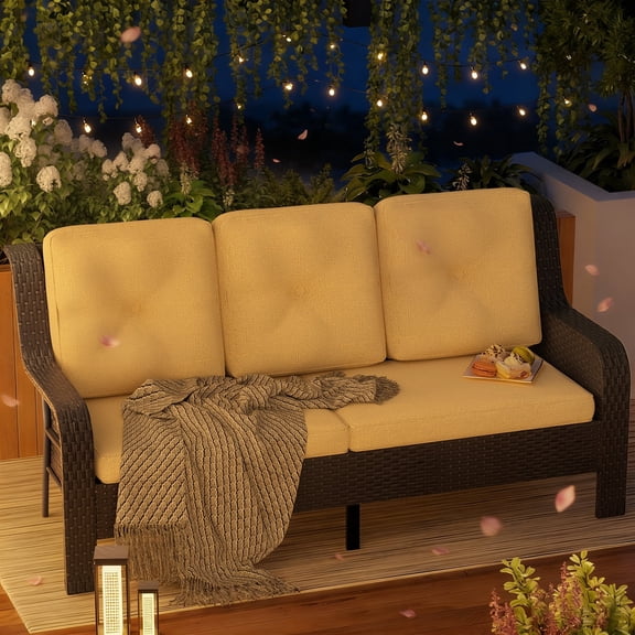 3-Seat Outdoor PE Rattan Patio Sofa with Removable Beige Cushions, Weather-Resistant Wicker Couch for Porch, Deck, Backyard (Black-Beige)