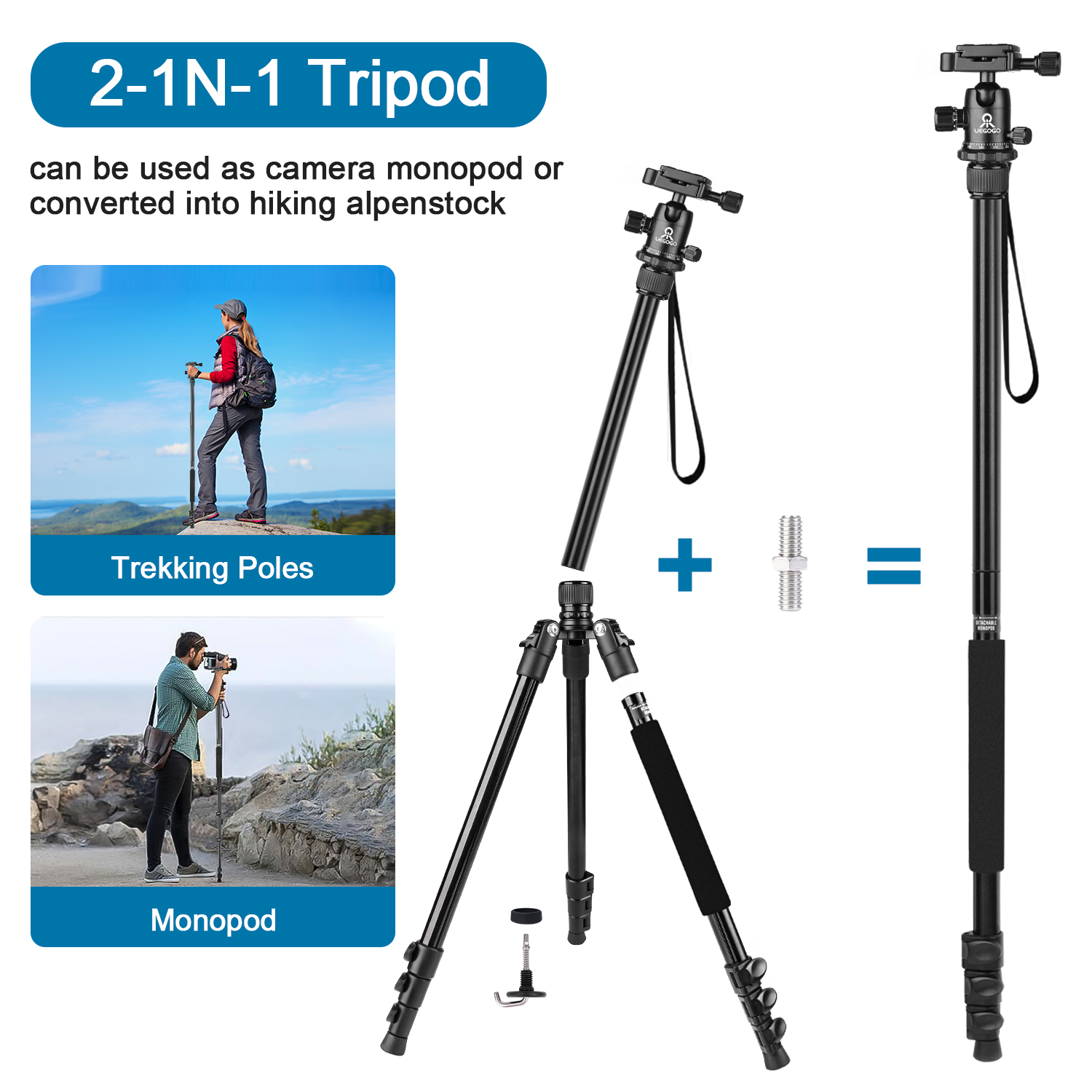 UEGOGO  Heavy-Duty 82" Professional DSLR Tripod & Monopod, 360° Pan-Tilt Ball Head, Telescoping Legs, Compatible with Canon/Nikon/Smartphones, Travel-Friendly with Carry Bag