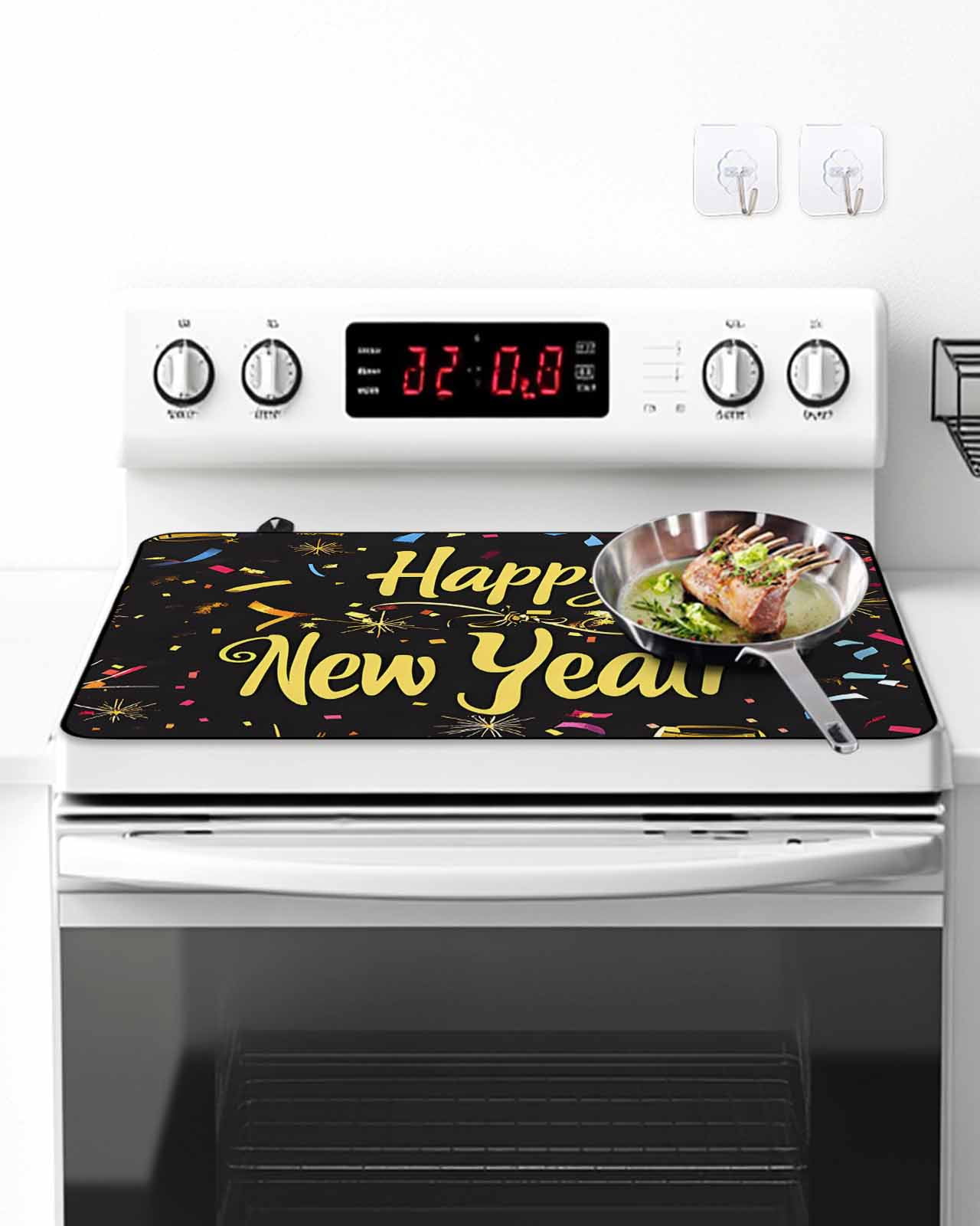 Stove Top Covers for Electric Stove, Happy New Year Glass Stovetop Cover Protector, Colorful Modern Abstract Art Induction Cooktop Protector Oven Mat for Kitchen Countertop 24"x21"