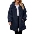 thumbnail image 2 of Women's Solid Color Plush Long Coat, Fashion Hooded Zip Front Jacket with Pockets, Casual and Warm Fleece Outerwear for Fall Winter Daily Wear-Navy, 2 of 6