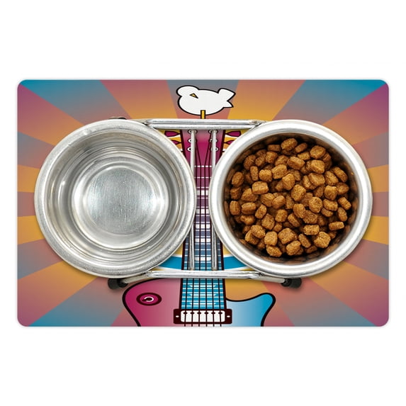 Retro Pet Mat for Food and Water, Colorful Guitar and Peace and Dove Dedicated to the Woodstock Tribute, Non-Slip Rubber Mat for Dogs and Cats, 18" X 12", by Ambesonne