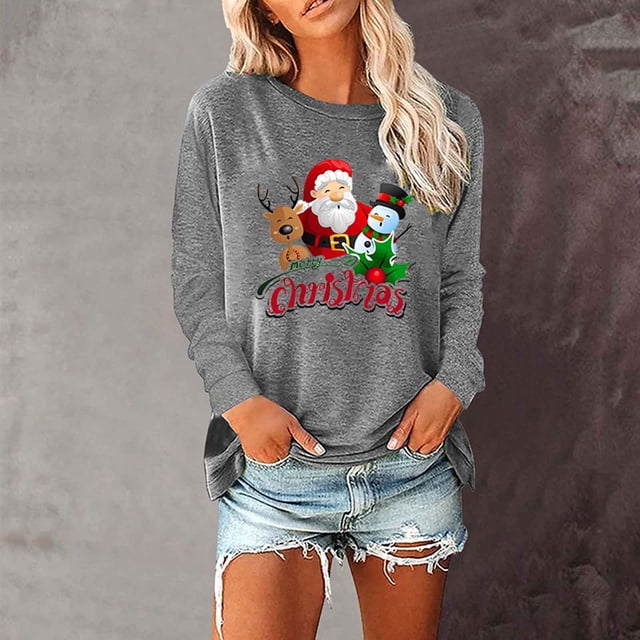 Qertyioot Chandail en Molleton d'Hiver pour Femmes Imprimé Noël, Manches Longues Col Rond Décontracté Mode Pull