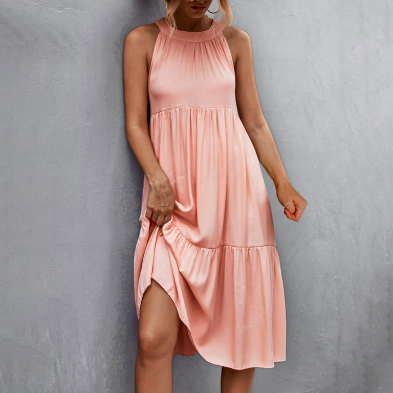 Fesfesfes Dress for Women Round Neck Halter Neck Evening Gowns Casual Solid  Color Sleeveless Party Dress Semi Formal Flowy Splicing Off Shoulder Dress