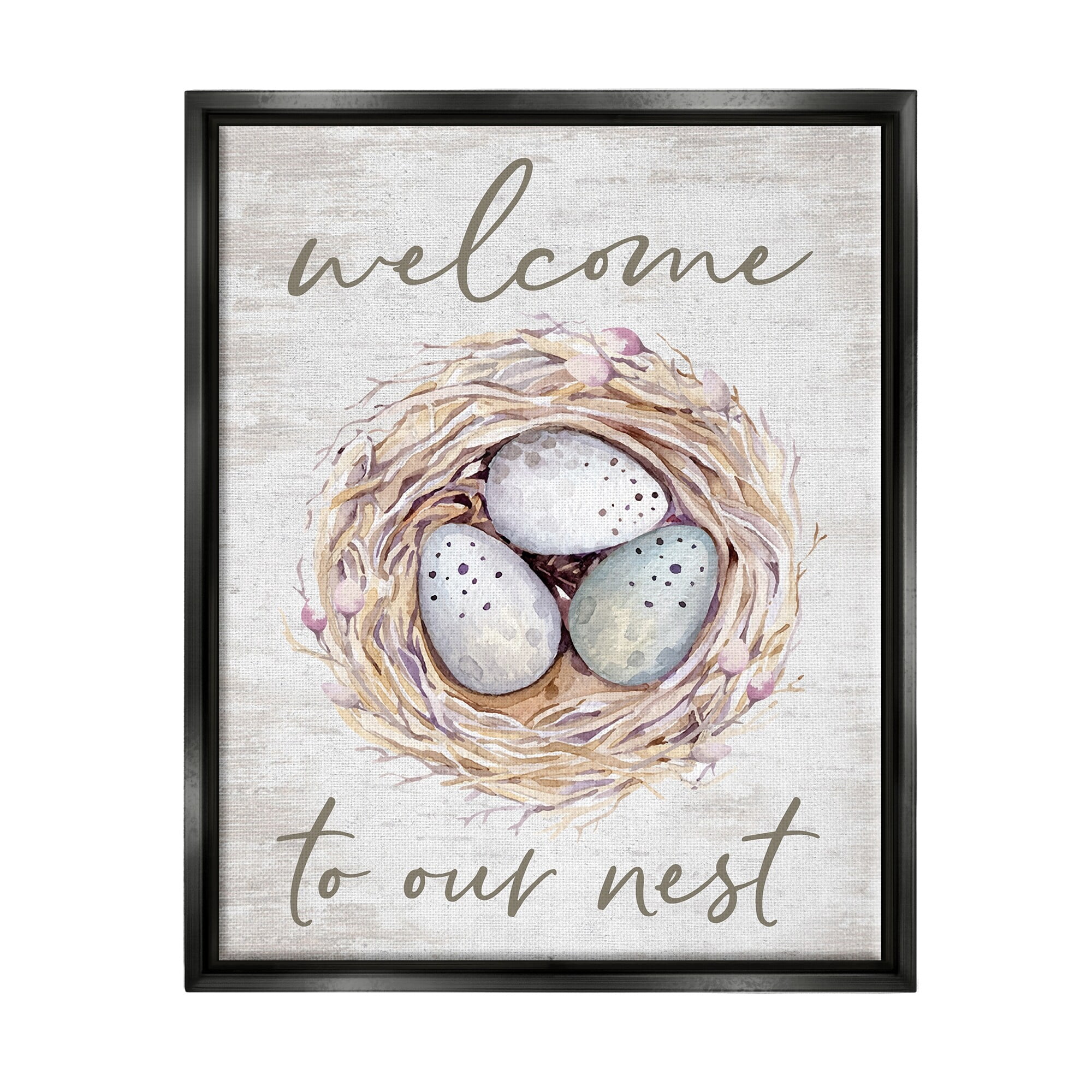 Stupell Industries Welcome To Our Nest Rustic Bird Egg Sign Graphic Art Jet Black Floating Framed Canvas Print Wall Art, Design by Lettered and Lined