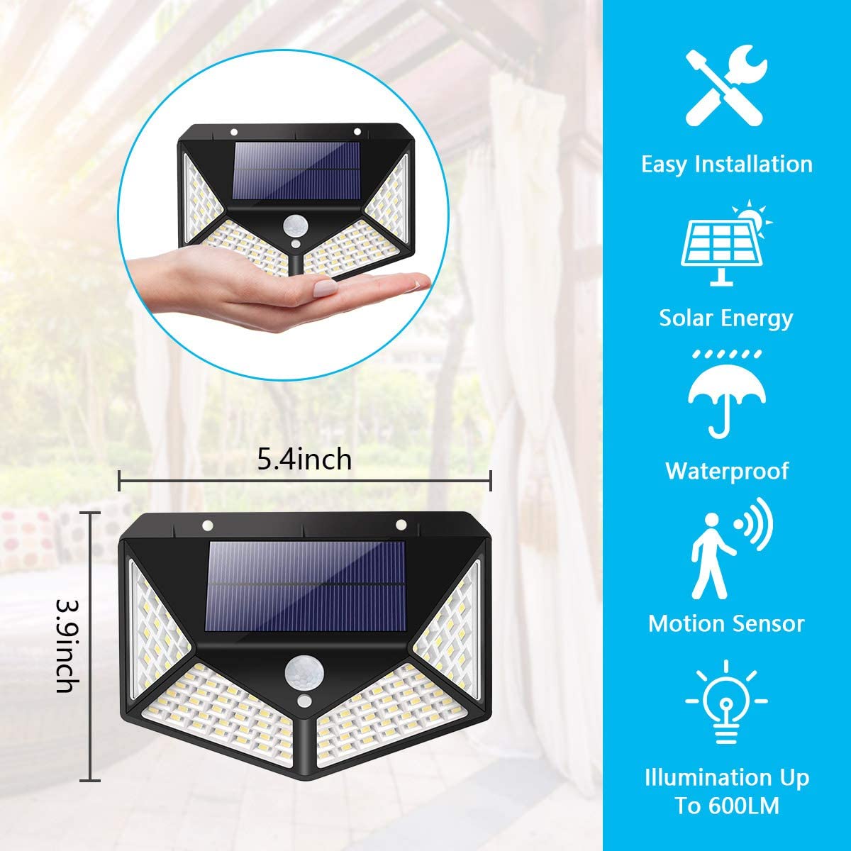 Solar Lights Outdoor, Solar Powered Motion Sensor Lights 100 LEDs Outdoor Waterproof Wall Light Night Light with 3 Modes with 270° Wide Angle for Garden, Patio Yard, Deck Garage, Fence - 1 Pack - image 2 of 8