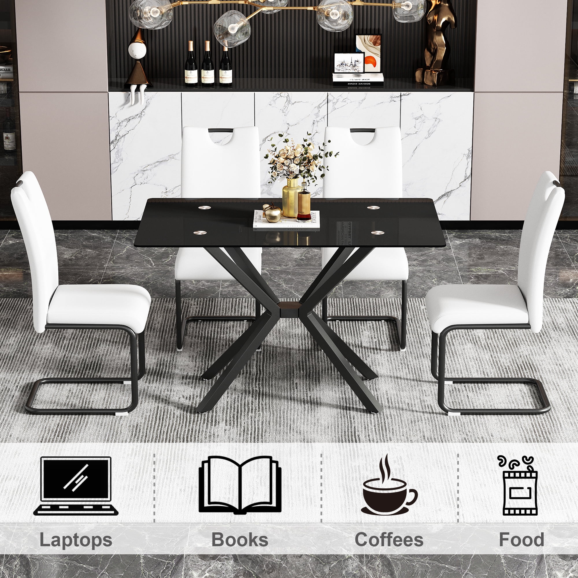 Miniyam 47" Modern Glass Dining Table for 4, Rectangular Tempered Glass Top with Metal Legs, Black