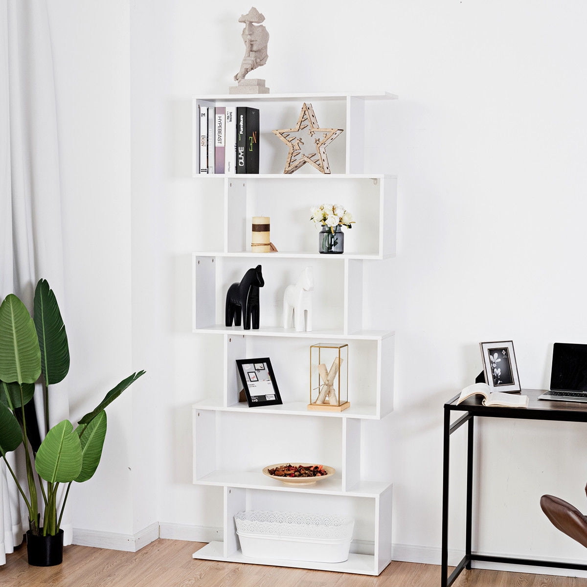 Gymax 6-Tier S-Shaped Modern Bookshelf, White Bookcase with
