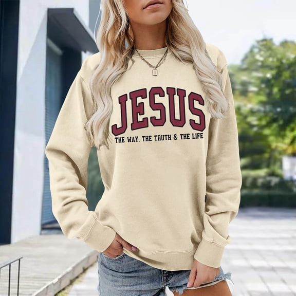 Womens Sweatshirt Casual Faith Letter Graphic Print Crew Neck Long Sleeve Pullover Top Vintage Fall Winter Oversized Sweatshirts Beige L