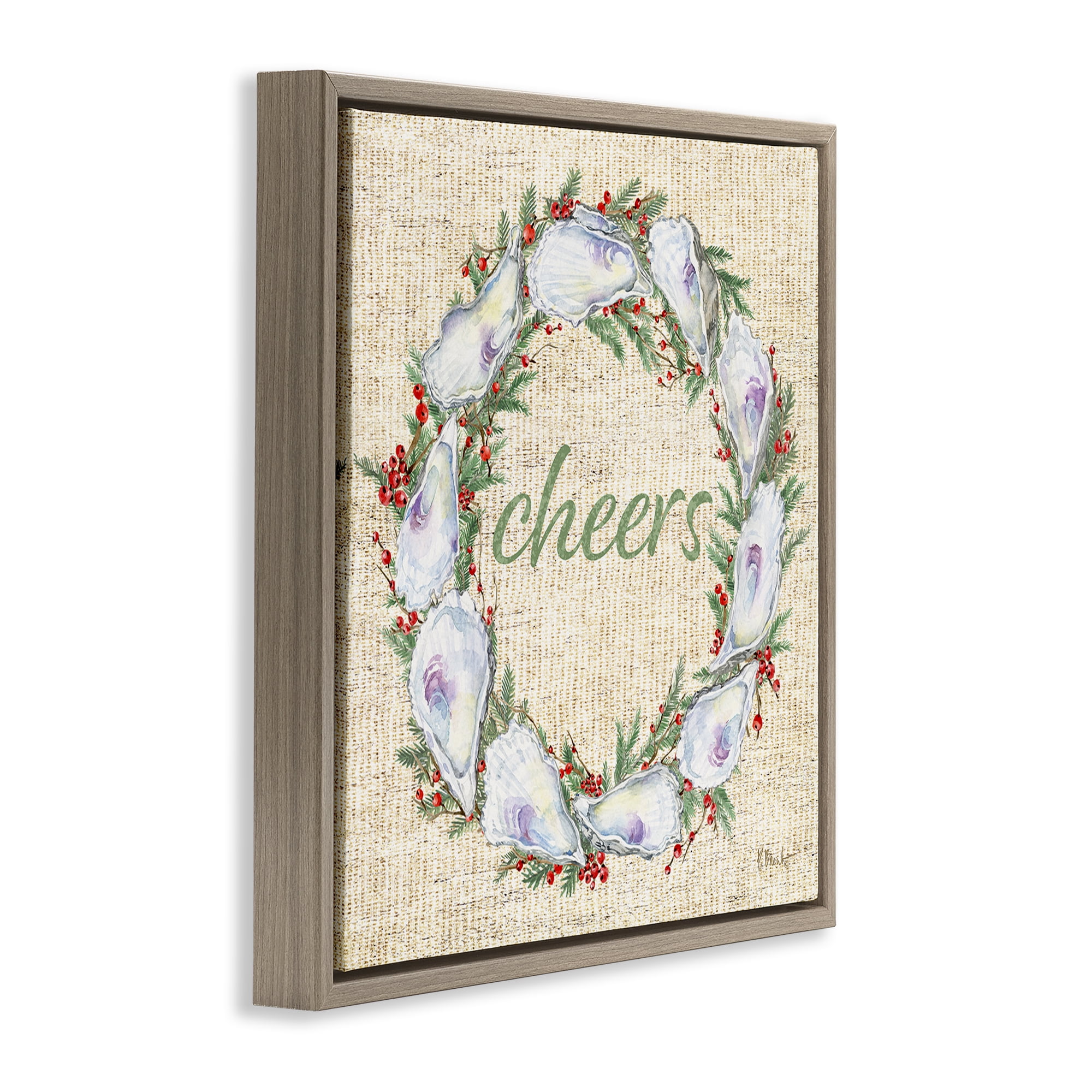 Stupell Industries Shells & Holly Wreath Holiday Painting Brown Floater Framed Canvas Art Print Wall Art, 25 x 25