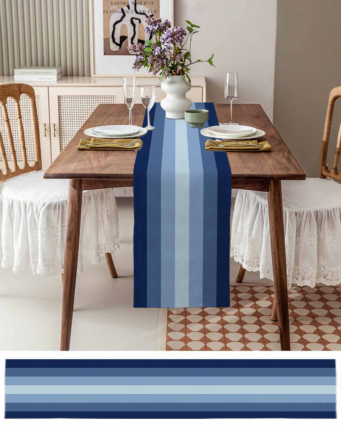Hokiten Table Runners 72 Inches Long Dress Scarves, Navy Blue Stripes, Farmhouse Kitchen/Dining Table Runner, Coffee Tablerunners, Gradient Modern Minimalist Geometric 16x72 Inch