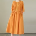 thumbnail image 5 of Efsteb Cotton Linen Dresses for Women Short Sleeve Summer Midi Dress with Pockets Casual Crew Neck Pleated Front Drawstring Tie Waist Vacation Dresses (Orange,XXL), 5 of 9
