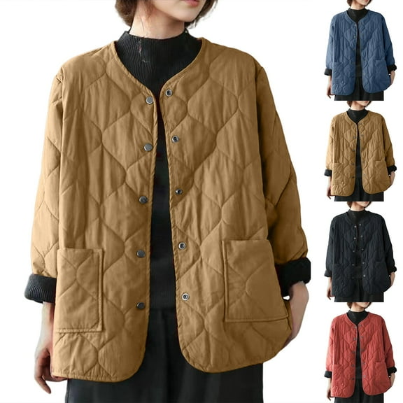Xdegoge Plus Size Quilted Jackets for Women Button Up Crewnceck Jacket Lightweight Casual Padded Coat Solid Color Barn Coats Trendy Fall Winter Outdoor Warm Outerwear with Pockets